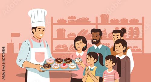 Baker Presenting Donuts to a Family in a Bakery, Food and Lifestyle Illustration