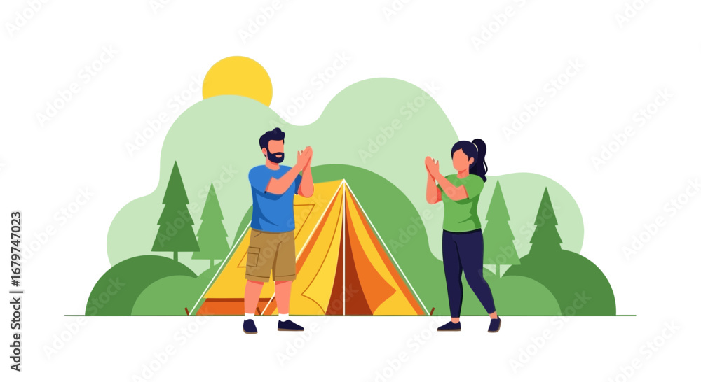 Fototapeta premium Camping Illustration with Couple Clapping in Joy Near Their Tent in Nature
