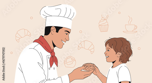 Baker Presents Delicious Pastry To A Young Child, Promoting Sweet Treats And Joy