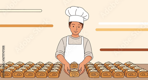 Baker Proudly Displays Freshly Baked Cinnamon Rolls, Perfecting the Art of Pastry Creation