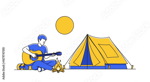 Camping illustration with guitar player, tent, campfire, and the sun in the sky