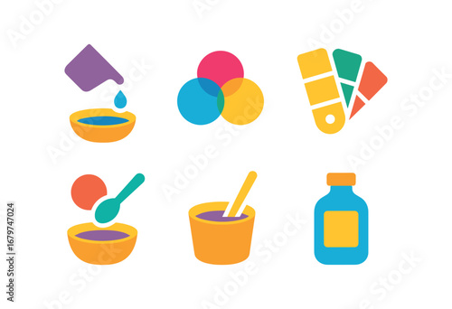 vector colorful flat filled icons ink mixer (process): pouring ink blending colors testing swatch adding pigment stirring mixture labeling bottle.