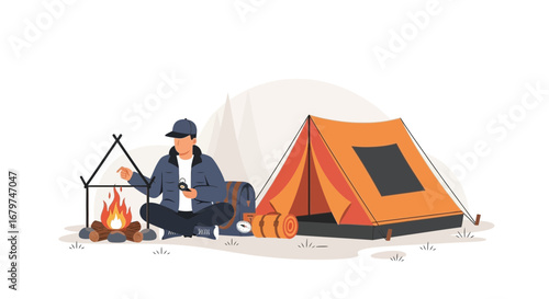 Camping illustration with tent, person, and campfire for outdoor recreational activities