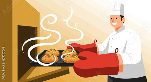 Baker Removing Freshly Baked Cinnamon Rolls from Oven Ready for Delicious Enjoyment