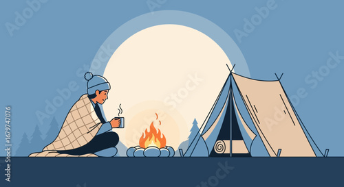Camping illustration with person, tent, and campfire under the moon in the night