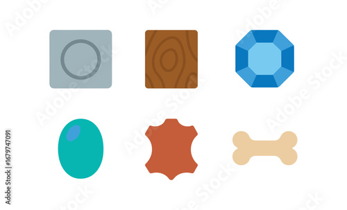 vector colorful flat filled icons engraving artist (materials): metal plate wood block gemstone glass leather bone.