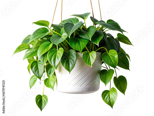 Lush green heart shaped leaves cascading from a white pot isolated on a transparent background plant