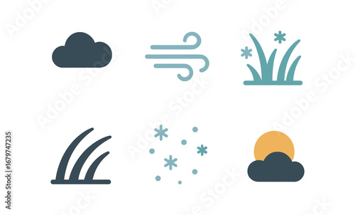 vector colorful flat filled icons frosted meadow (storm): dark sky icy wind frost laden grass swaying stems scattered snow dim light.