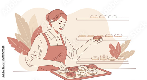 Bakery employee selecting a donut in a shop with pastel colors and design
