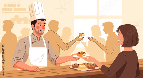 Bakery Scene Depicting a Chef Offering Cinnamon Rolls to Customers in Delightful Ambiance
