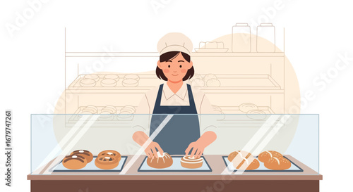 Bakery Scene Depicting Baker Arranging Freshly Baked Goods Behind Glass Counter