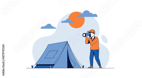 Camping Photographer Capturing Scenery Around The Tent In A Sunny Environment