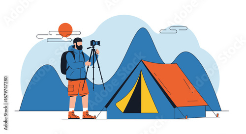 Camping Photography: A Photographer Capturing the Scenic Beauty of the Mountains and Tent