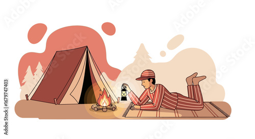 Camping Scene: Man Lighting a Lantern Near a Tent and Bonfire Under the Stars