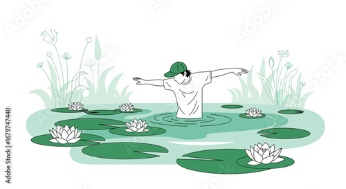 Balancing Act Among Lily Pads; A Person Standing in Calm Waters