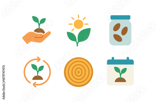 vector colorful flat filled icons seedling time (symbolic): open hand with sprout sun over leaf jar of seeds circle of growth tree ring calendar page.