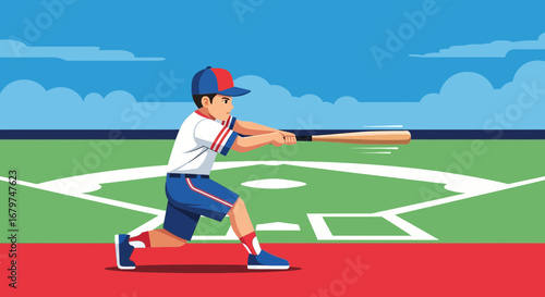 Baseball Action: Boy Swinging Bat During Sporting Event on Grassy Field With Sky Background