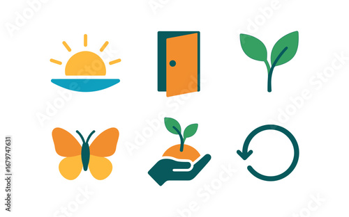 vector colorful flat filled icons renewal season (symbolic): sunrise open door new leaf butterfly growing hand circle of life.