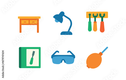 vector colorful flat filled icons engraving artist (workspace): workbench lamp tool rack sketchbook safety glasses dust blower.