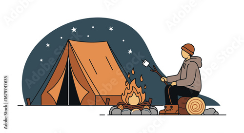 Camping under the stars: a person roasting marshmallows by a cozy campfire at night