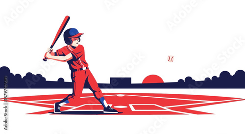 Baseball player in action with a bat about to swing, in a graphic illustration