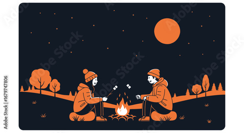 orange people roasting marshmallows by campfire at night clip art preview
