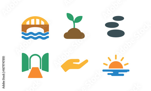 vector colorful flat filled icons transitional schooling (symbolic): bridge over water growing plant stepping stones open gate guiding hand sunrise.