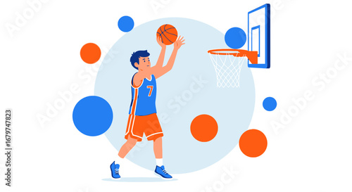 Basketball Player Aiming At Ring Ready To Throw Ball Illustration In Sport Style