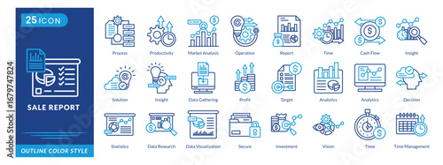 Sale Report icon set collection in outline color style. an icon pack contain Process,Productivity,Market Analysis,Operation,Report,Time,Cash Flow,Insight ,Solution
