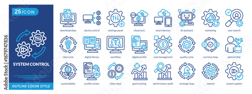 System Control icon set collection in outline color style. an icon pack contain download data,device,settings panel,cloud sync,smart devices,AI assistant,marketing,user search,digital library,workflow