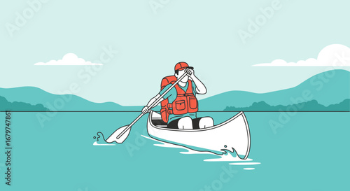 Canoe Adventurer Paddling Through Serene Waters Surrounded By Lush Landscapes