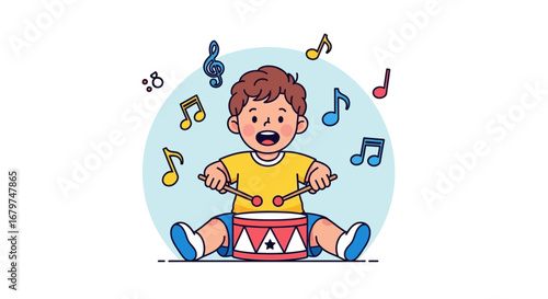 Captivating Illustration of a Joyful Child Playing Drums with Musical Symbols and Delight