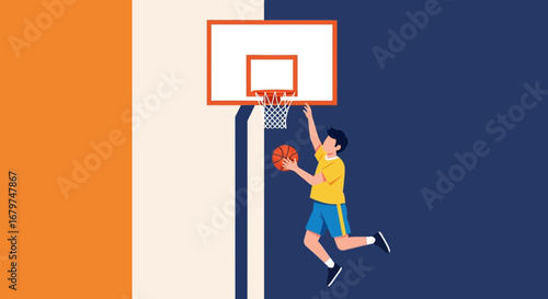 Basketball Player Dribbling A Ball Trying To Score A Basket, Illustration.
