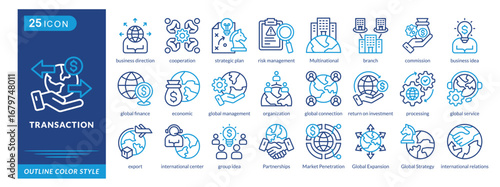Transaction icon set collection in outline color style. an icon pack contain idea,Partnerships,Market,enetration,Global,Expansion,Strategy,international,relations