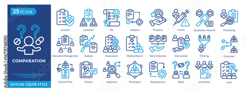 Comparation icon set collection in outline color style. an icon pack contain inclusion,protocol,exclusion,fda,endpoint,Prospect,Events,Comparation,Monitoring