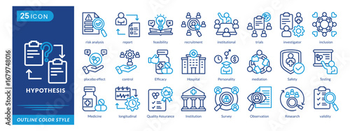 Hypothesis icon set collection in outline color style. an icon pack contain control,Efficacy,Hospital,Personality,mediation,Safety,Testing,Medicine,longitudinal