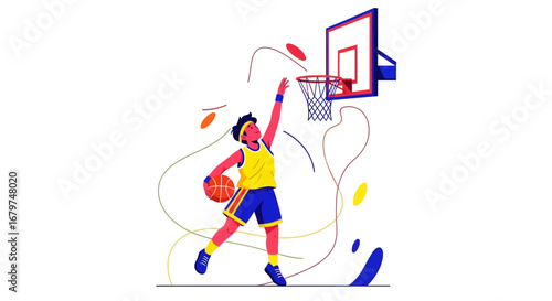 Basketball Player in Action Aiming to Score, Artistic Illustration on White Background