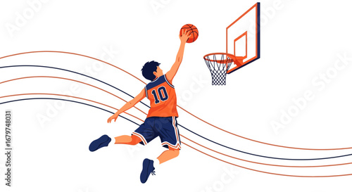 Basketball player in action, about to score a basket, sports illustration design
