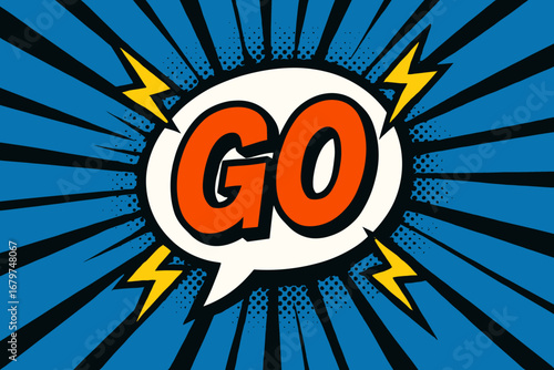 eye catching high contrast flat vector speech bubble with the text '' inside bold orange letters surrounded by lightning bolts placed on strong blue burst background with halftone rays flat.