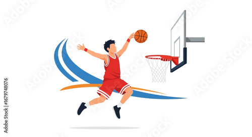 Basketball player in action dunking the ball in a dynamic and illustrative vector design