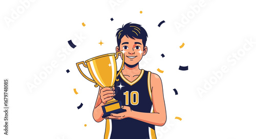 Basketball Player Joyfully Holding Trophy After Winning Match Celebrating Victory Success