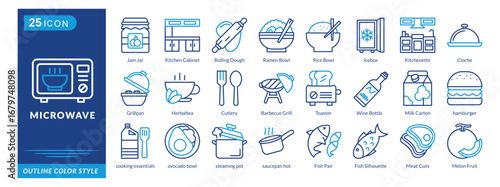 Microwave icon set collection in outline color style. an icon pack contain Rice Bowl,Icebox,Kitchenette,Cloche,Grillpan,Herbaltea,Cutlery,Barbecue Grill,Toaster,Microwave