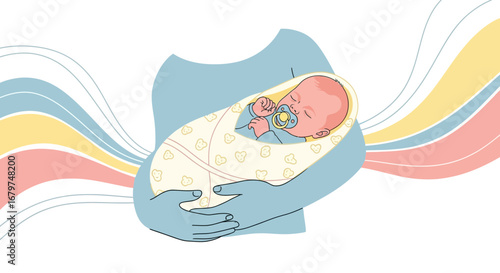 Caring Embrace: Gentle Illustration Of A Newborn Infant Being Tenderly Held Close