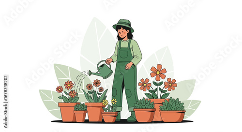 Caring For Blossoms: A Gardener Nurtures Flowers With Water From A Watering Can