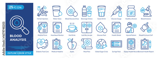 Blood Analysis icon set collection in outline color style. an icon pack contain Herbal Injection,Water Glass,Blood Glucose Drop,Glucose Gauge,Healthy Lifestyle,Blood Analysis