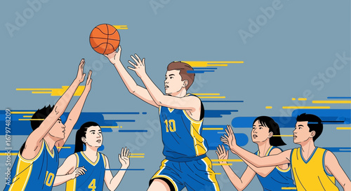 Basketball player shooting a ball in the foreground with other players around him