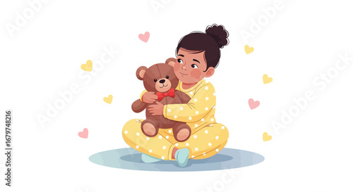 Caring Young Girl Embraces Teddy Bear, Surrounded By Hearts Demonstrating Adoration