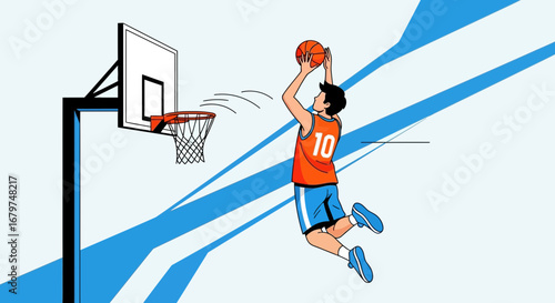 Basketball Player Shoots Ball Towards The Hoop, Illustration Style With Action and Pose