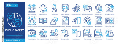 Public Safety icon set collection in outline color style. an icon pack contain Cost Efficiency,System Security,Public safety,Team Protection,Maintenance Alert,Location Alert