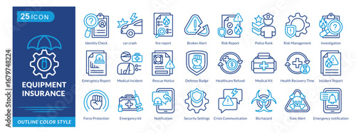 Equipment Insurance icon set collection in outline color style. an icon pack contain Identity Check,car crash,fire report,Broken Alert,Risk Report,Police Rank,Risk Management,Rescue Notice